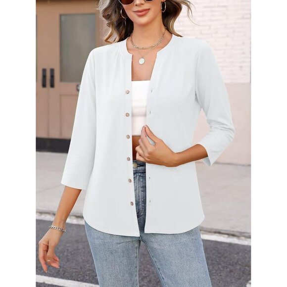 Women's Cotton Blend Button Down Top 3/4 Sleeve V Neck Casual Summer Stylish - Picture 5 of 6